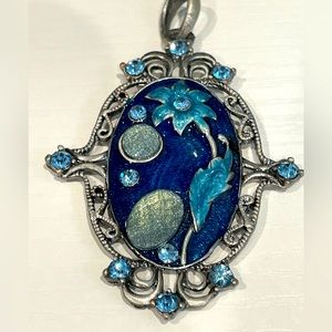 Blue Enamel Flower Rhinestone Pendant Oval Scroll Work Pewter Look